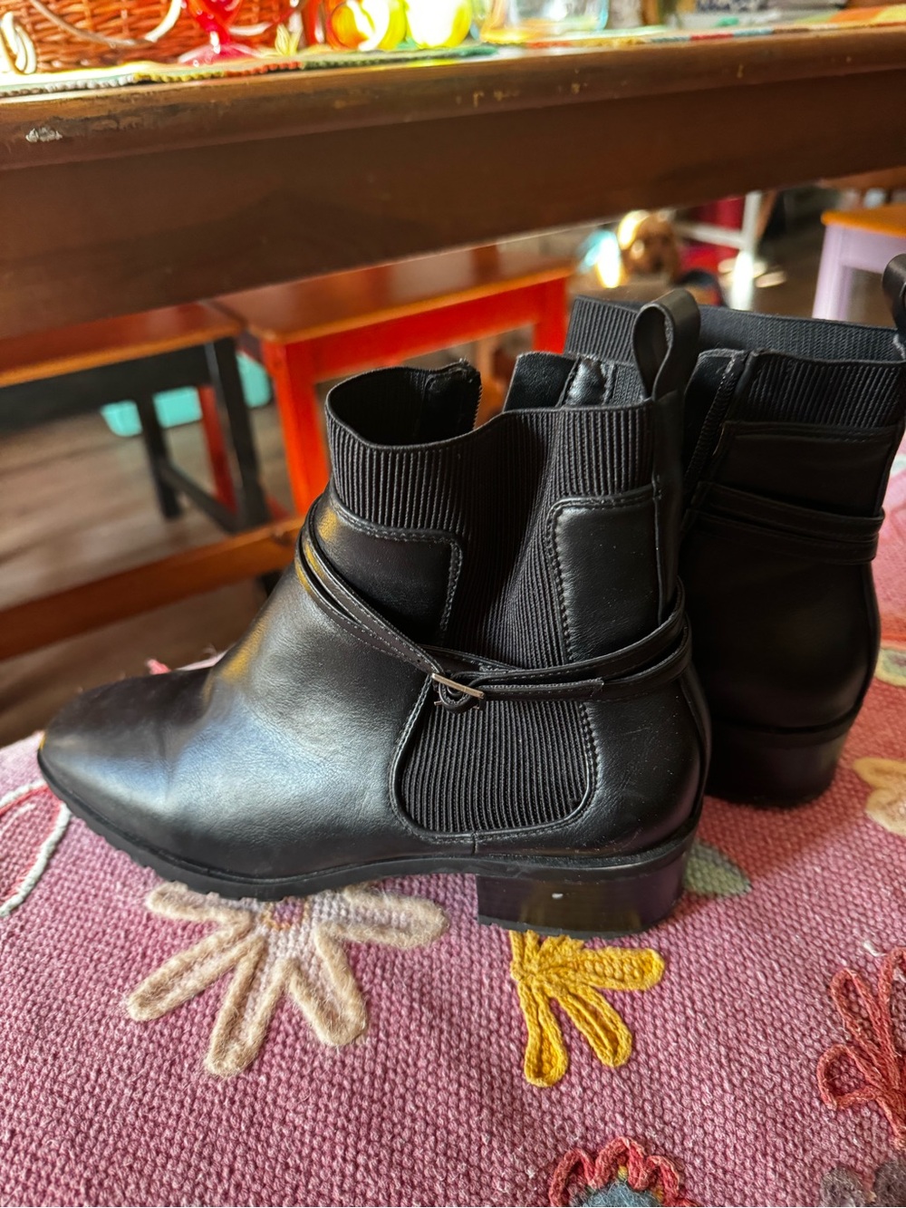 Anne Klein Black Leather Chelsea Booties with Wrap Detail